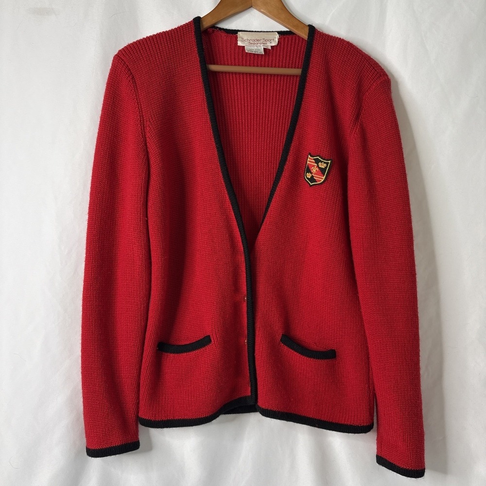 Vtg Schrader Sport L 100% Wool Red Cardigan Sweater Dark Academia Collegiate